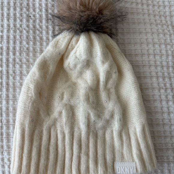 DKNY Kids Cream Beanie with Pom-Pom - Picture 2 of 3